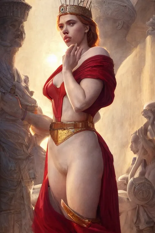 Prompt: Scarlett Johansson as the Queen of Greece, anatomy, only two hands, highly detailed, digital painting, artstation, concept art, smooth, sharp focus, illustration, Unreal Engine 5, 8K, art by art by artgerm and greg rutkowski and edgar maxence