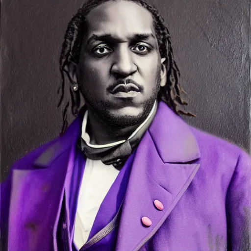 Prompt: Pusha T standing in front of Washington DC capitol hill in the 19th century wearing purple and blue robot mech armour suite in naturalistic technique, bold brushwork, light and shadow, depth. Sense of movement H 576