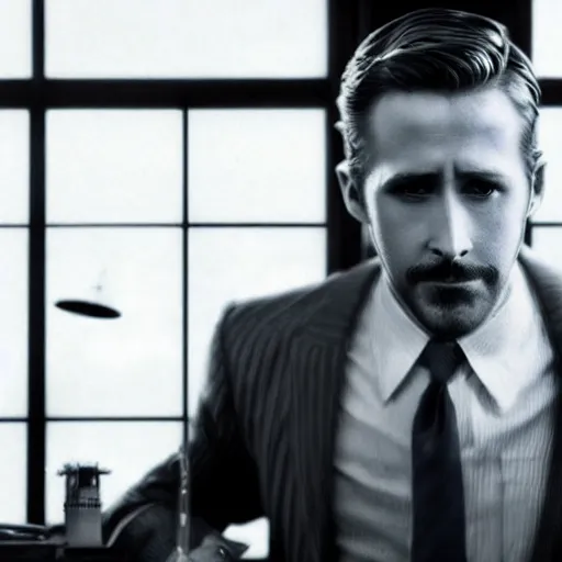 Prompt: a highly detailed cinematic photo from a live - action bioshock movie. andrew ryan, portrayed by ryan gosling, is shown standing in a 1 9 3 0's office with a large desk in front of a floor - to - ceiling window looking out onto the underwater city of rapture shining in the distance, sea life is shown outside of the window