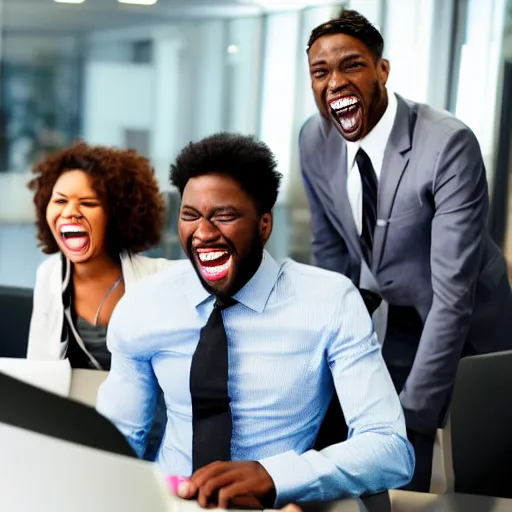 Prompt: stock photo of ten black people laughing wearing suits and ties in an office building, 8k resolution, full HD, cinematic lighting, award winning, anatomically correct
