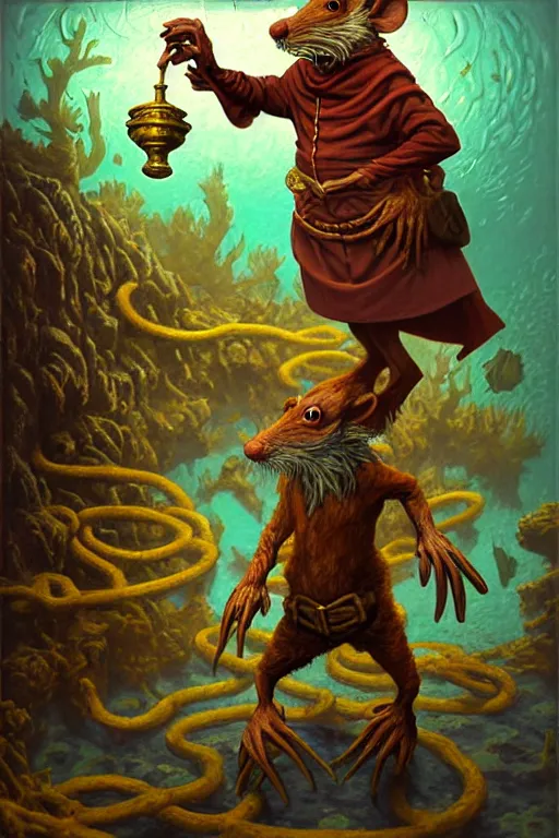 Prompt: classic oil painting, an anthropomorphic bipedal rat that is dressed as a medieval librarian, as a dnd character, standing under the sea, cottagecore, highly detailed, digital illustration, concept art, smooth, sharp focus, art by tim hildebrandt, and greg hildebrandt