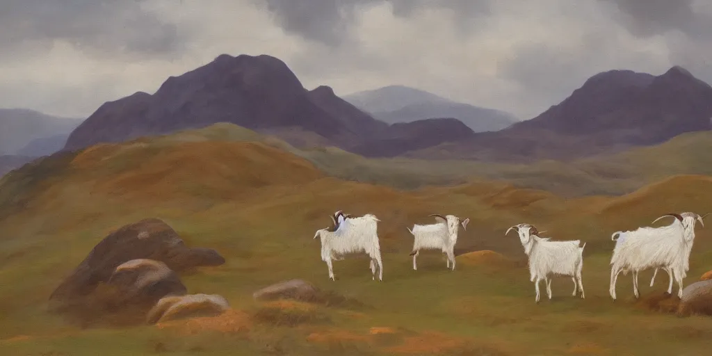 Prompt: painting of rocky highlands with goats grazing in the far distance, overcast skies, muted colors