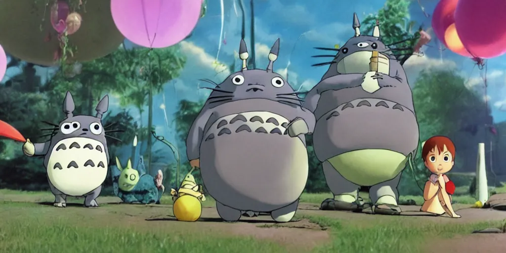 Image similar to totoro's brithday party, aliens of the toy story say happy birthday, style of hayao miyazaki, cinematic light, warm, elegant