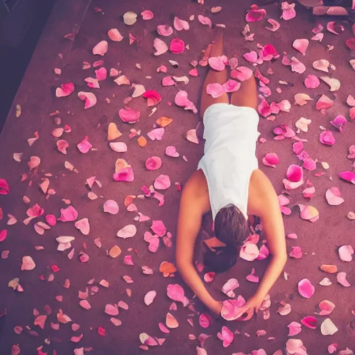 Image similar to woman laying in a pool of rose petals, movie poster, realistic, soft lighting, professional, full body, view from top