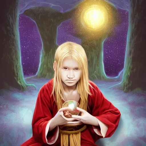 Prompt: Portrait of a 12 year old white boy with blond medium length hair, sitting cross-legged, wearing red sorcerer's robes, holding a crystal ball in his hands and gazing into it, inside of a cabin, Dungeon's & Dragons, digital illustration, deviantart, matte fantasy painting, by Jason Felix by Steve Argyle by Tyler Jacobson by Peter Mohrbacher