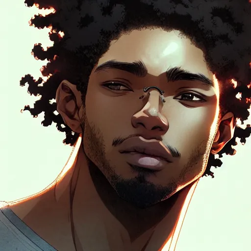 Prompt: Portrait of man with curly hair and brown skin, atmospheric lighting, intricate detail, cgsociety, ambient light, dynamic lighting, anime style by Yusuke Kozaki