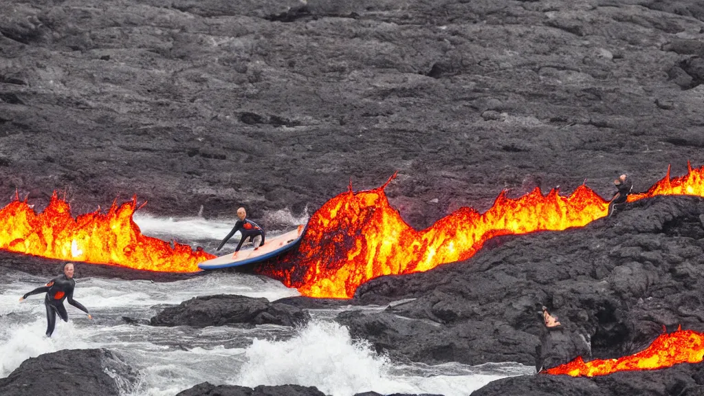 Image similar to people in suits of armor surfing down a river of lava on the side of a volcano on surfboards, action shot, dystopian, motion blur, sharp focus, cinematic