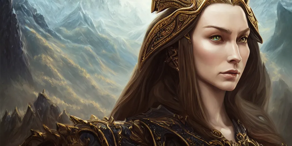 Image similar to Majestic and regal portrait of a riveting and awe inspiring female High Elf nobility, fantasy mountainous background, intricate, epic, elegant, menacing, fantasy, photo realistic, digital painting, hard focus, beautiful volumetric lighting, epic light, ultra detailed, by Leesha Hannigan, Ross Tran, Thierry Doizon, Kai Carpenter, Ignacio Fernández Ríos