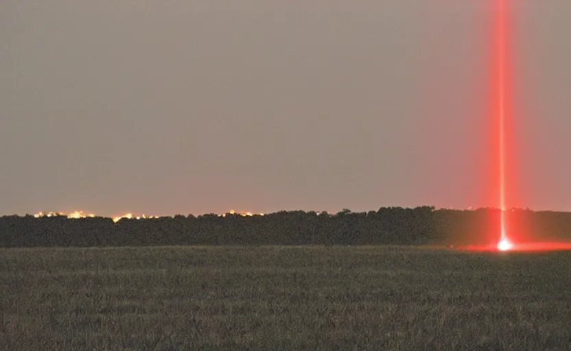 Prompt: red beam of light from lighthouse rotating over the field, night, unsettling, fire on the horizon, photo 1998