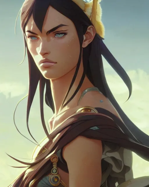 Image similar to azctec warrior, megan fox, detailed perfect face, exquisite details, fire magic, full view, by studio muti, greg rutkowski makoto shinkai takashi takeuchi studio ghibli