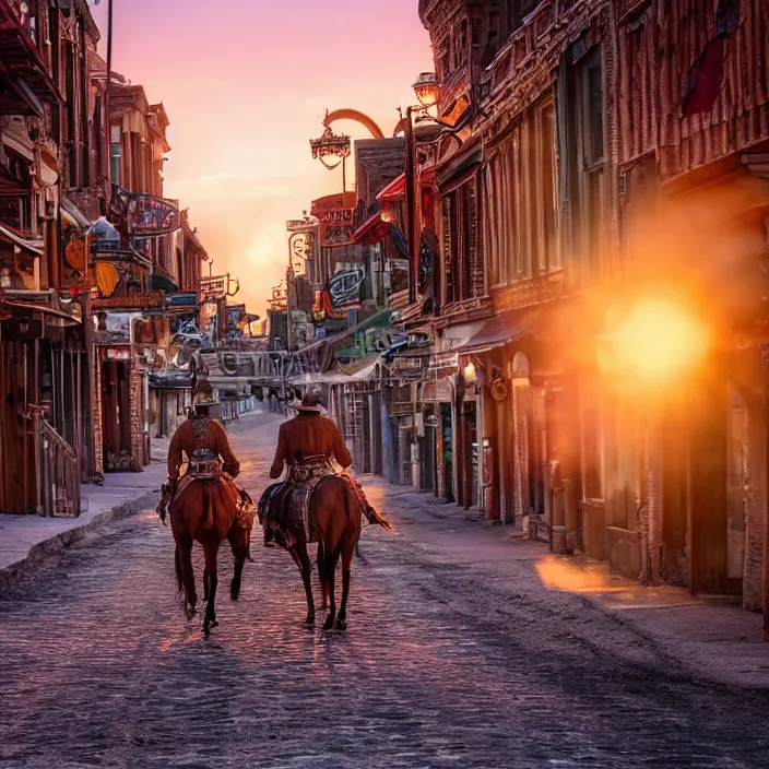 Image similar to a sunset light historical wild west broad empty street, duel between two cowboys, cowboy seen from the back, lots of sparkling details and sun ray's, blinding backlight, smoke, volumetric lighting, colorful, octane, 3 5 mm, saloon exterior, empty old town street, beautiful epic colored reflections, very colorful heavenly, softlight