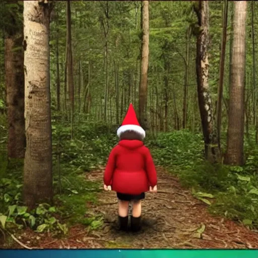 Image similar to bad quality screenshot of a leaked video of a small person dressed as gnome looking at me at a forest trail, photo taken from far away, night time, bright camera flash, camera shaking, disturbing, very scary, realistic, very disturbing, help me please im disturbed, ultrarealistic, 480p, scary