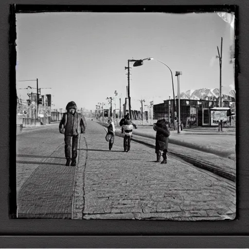 Image similar to moonwalker photo, city street on the moon, a detailed image of a future norilsk base, moon landscape, streetphoto, polaroid