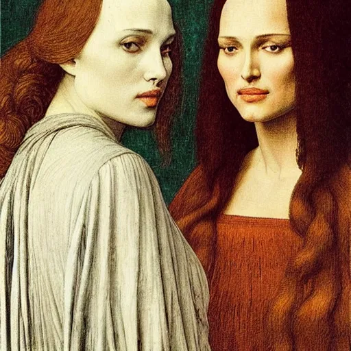 Prompt: portrait of natalie portman and scarlet johansson, by albrecht durer, jean delville, jan van eyck, da vinci, frederic leighton