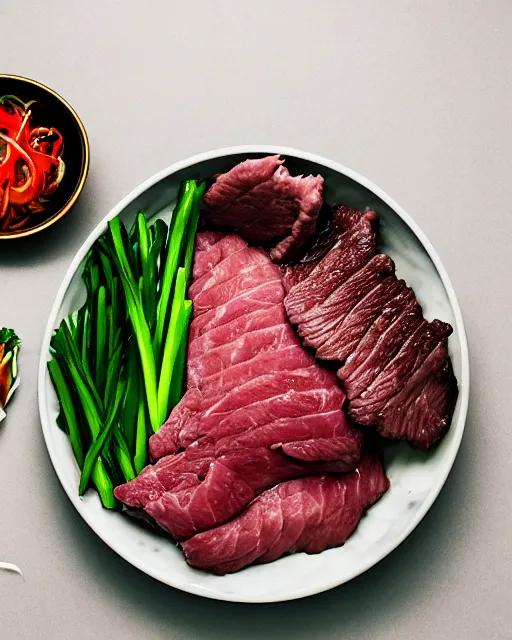 Image similar to realistic photo of delicious yakiniku, bowl, white kitchen table, cloth, marble, highly detailed, by louise lister, sara ali, mary devinat, kailee mandel, masterpiece, award winning, food photography
