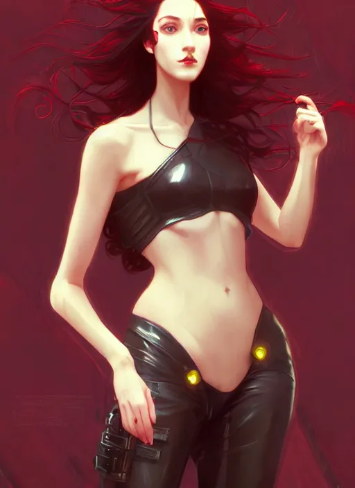 Prompt: pretty young woman with shoulder length shiny shimmering dark red hair and wearing leather suit, cyberpunk setting, path traced, highly detailed, high quality, digital painting, by studio ghibli and alphonse mucha, leesha hannigan, makoto shinkai, disney