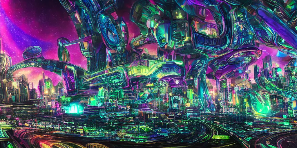 Prompt: psychedelic alien cityscape, photorealistic, hyperrealistic, futuristic, cosmic, holographic, 4K, UHD, HDR
