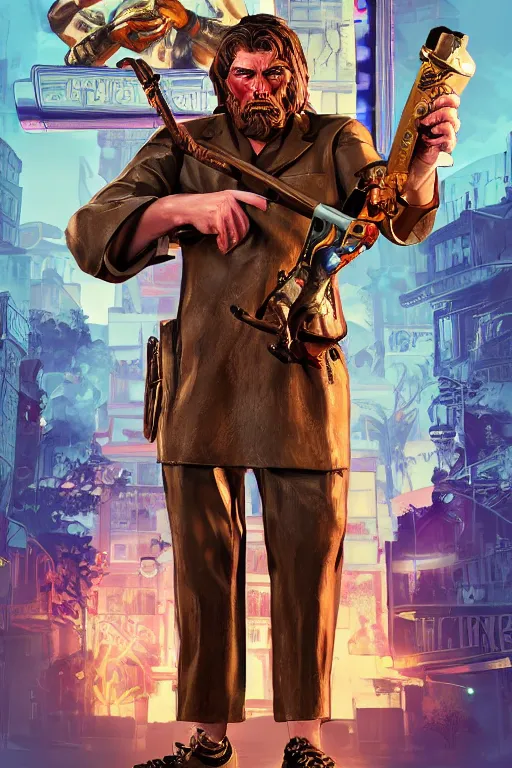 Image similar to saint homo neanderthalis, with book of science, on his right hand, and riffle, on his left hand, violet polsangi pop art, gta chinatown wars art style, bioshock infinite art style, incrinate, realistic anatomy, hyperrealistic, two colors, white frame, 4 k, uhd, remove duplicate content