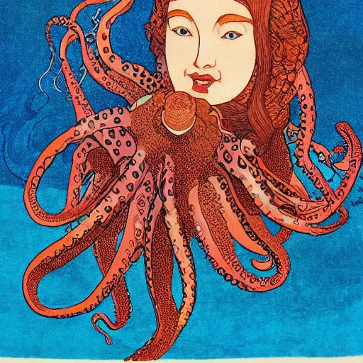 Prompt: ivan bilibin and edmund dulac and ilya kuvshinov inspired print of octopus