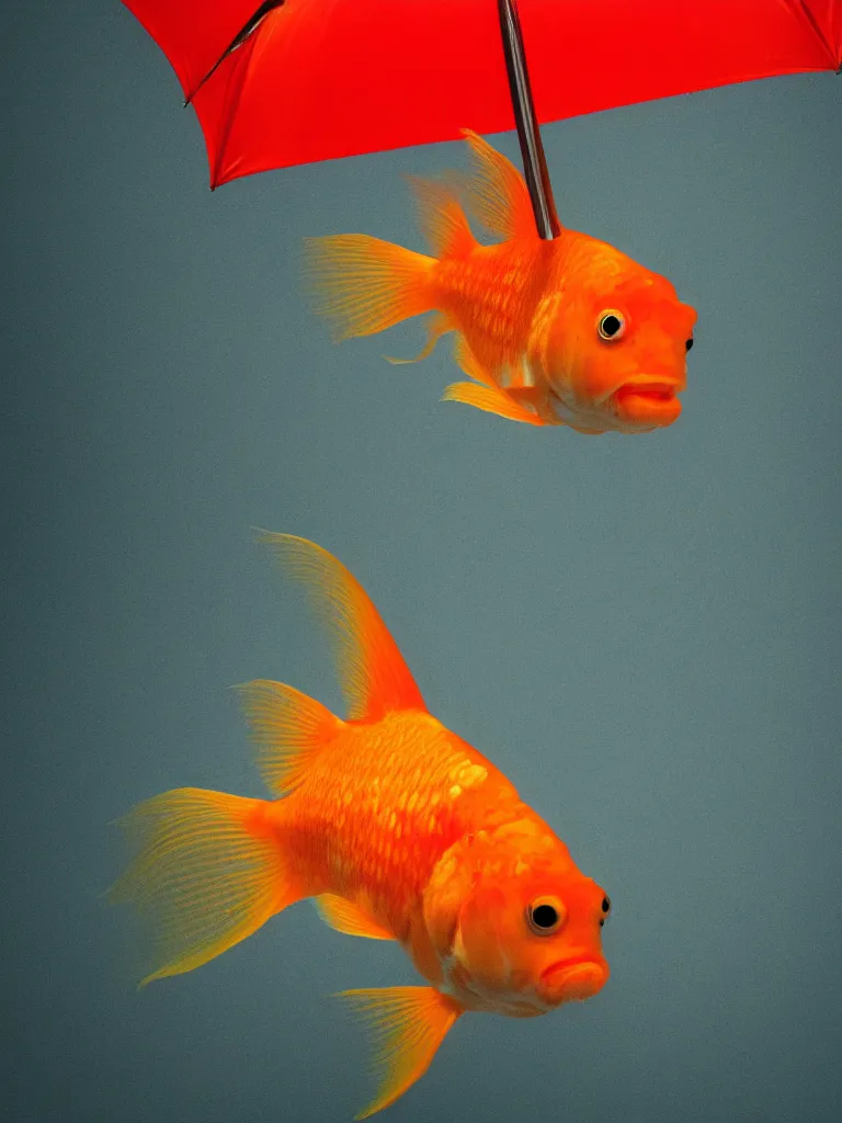 Prompt: goldfish swimming in a fish bowl under an umbrella minimalism