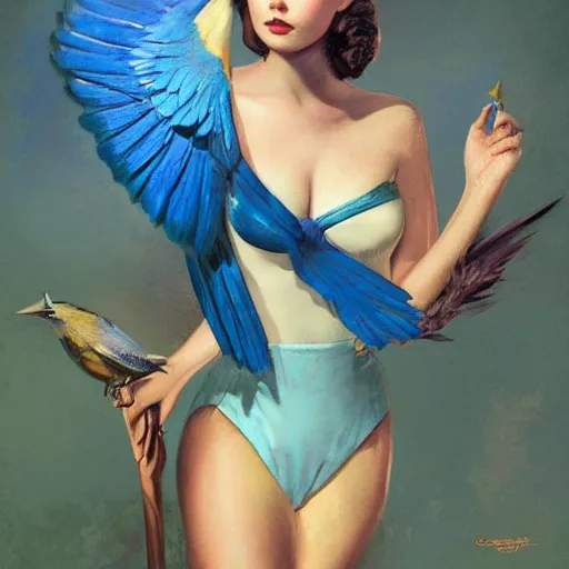 Prompt: a songbird wearing a crown, an indigo bunting, bird, blue canary, wearing a crown and bowtie by greg rutkowski, rossdraws, gil elvgren, enoch bolles, anime, very coherent