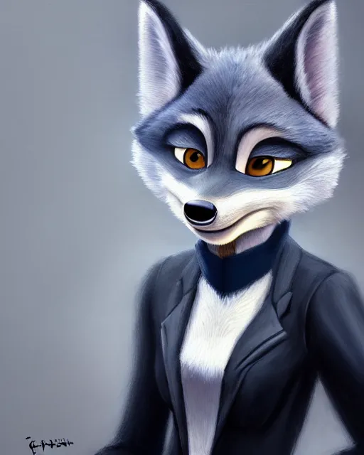 Prompt: oil painting of anthromorphic female wolf, in style of zootopia, female fursona, furry, furaffinity, 4 k, deviantart, furry art, fursona art, wearing black business suit, business suit, wolf fursona, female, very expressive detailed feminine face,