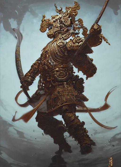 Image similar to subsurface scattering, white, koi, samurai deity with filigree armor, rim light, by jesper ejsing, justin gerard, tomasz alen kopera, cgsociety and fenghua zhong, highly detailed, cinematic lighting, illustration, art, octane render, very coherent, cinematic, hyper realism, high detail, octane render, 8 k