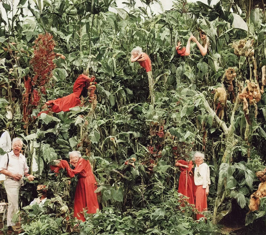 Image similar to a 3 5 mm photography, kodachrome of grandparents with strange creatures and alien plants inspired by bosch but in the real life, photos taken by martin parr