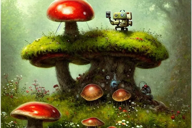 Image similar to adventurer ( ( ( ( ( 1 9 5 0 s retro future robot android mouse in forrest of giant mushrooms, moss and flowers stone bridge. muted colors. ) ) ) ) ) by jean baptiste monge!!!!!!!!!!!!!!!!!!!!!!!!! chrome red