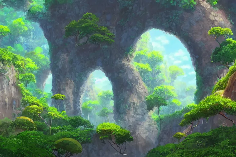 Prompt: natural arches covered with small trees growing out of it, sunny day, long shot, matte painting, digital art, in the style of studio ghibli, vivid colors, highly detailed, 8 k, establishing shot, smooth, trending on artstation, illustration, realistic