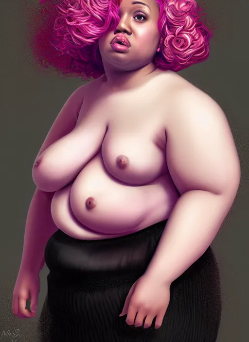 Image similar to full body portrait, teenage vanessa morgan, pink hair, obese, curly pixie hair, sultry, realistic, short hair, hoop earrings, skirt, shirt, fat, belly, black girl, intricate, elegant, highly detailed, digital painting, artstation, concept art, smooth, sharp focus, illustration, art by wlop, mars ravelo and greg rutkowski