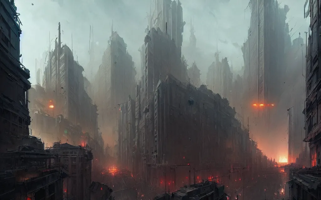 Prompt: apocalyptic city, concept art by greg rutkowski, highly detailed, 8 k, trending on artstationhq