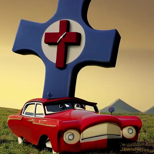 Prompt: jesus christ on the cross as a car, christian art, as a car from the movie pixar's cars 2,