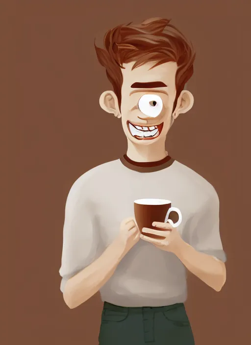 Prompt: a white young man drinking from a coffee cup, which is a brown flower, big smile, prominent big eyes, wise forehead, big lips, round portruding chin, background full of brown flowers, standout colours, thin sharp lines, digital painting, artstation, matte, sharp focus, illustration, moe artstyle