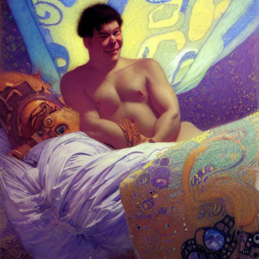 Image similar to portrait of sulley from monsters inc in bed. fantasy painting by gaston bussiere craig mullins jc leyendecker gustav klimt artgerm greg rutkowski john berkey, bergey, craig mullins, ruan jia, raymond swanland, tom lovell