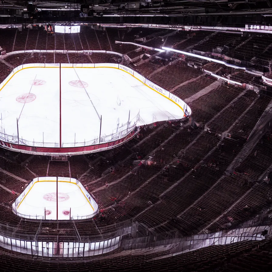 Image similar to dimly lit hockey stadium ice level 4 k photography