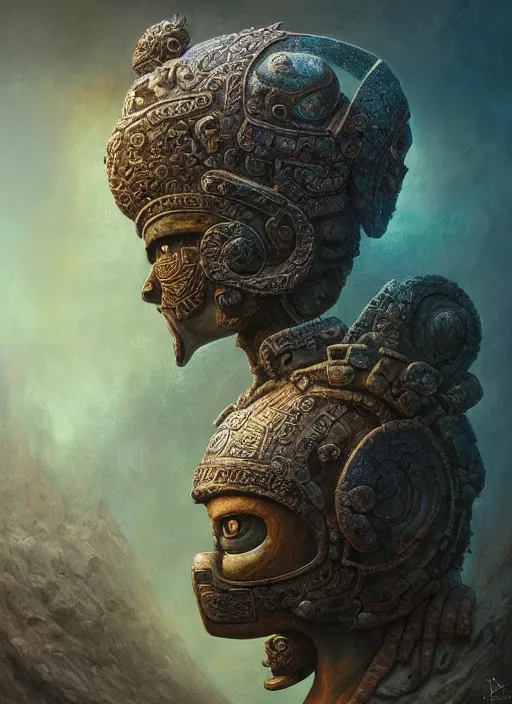 Image similar to Helmet of a forgotten Mayan Deity, ivory, moss, extremly detailed digital painting, in the style of Tomasz Alen Kopera and Fenghua Zhong and Peter Mohrbacher, mystical colors, rim light, beautiful lighting, 8k, stunning scene, raytracing, octane, trending on artstation