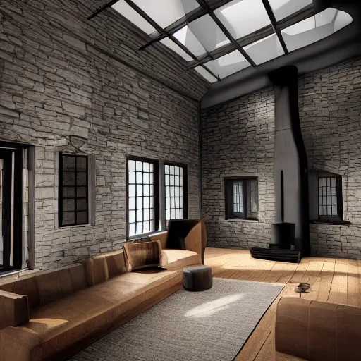 Image similar to photorealistic interior rendering of a hebridean black house, fire, old architecture, traditional