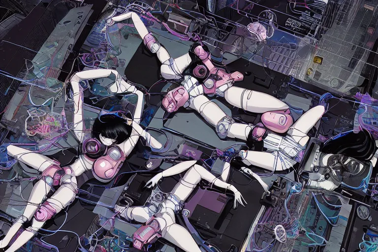 Image similar to a cyberpunk illustration of a group of female androids in style of yukito kishiro, lying on an abstract, empty, white floor with their body parts scattered around in various poses and cables and wires coming out, by masamune shirow and katsuhiro otomo, hyper-detailed, intricate, view from above