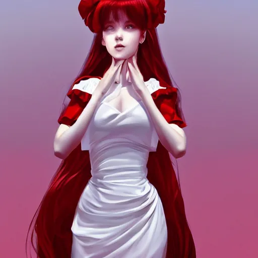 Image similar to the beautiful white frilled red dress girl standing in the hyper big and tall tower, looking at the camera, digital painting, in the style of artgerm, created by Hiroaki Samura, high definition digital art, high quality, highly detailed 8K
