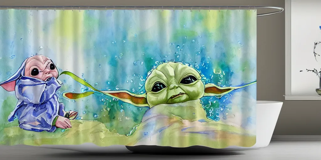 Prompt: shower curtain product catalog. wide - angle photo. on the curtain is a watercolor. the water color has ink under drawing of a butterfly. the butterfly is flying over baby yoda. wide - angle product photography of a shower curtain, product lighting. 4 k, highly detailed. saturated.