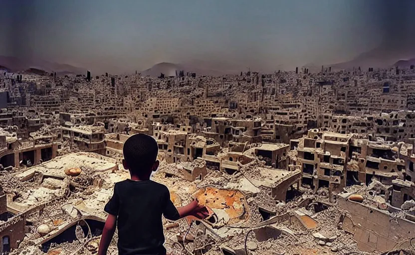 Prompt: “little boy lost, epic view of Hummus in Syria in destruction, sad atmosphere, ruins, hyperdetailed, hyperrealism, trending on artstation, award winning photograph, photorealistic, 8k, concept art, cinematographic, uhd, epic lighting”