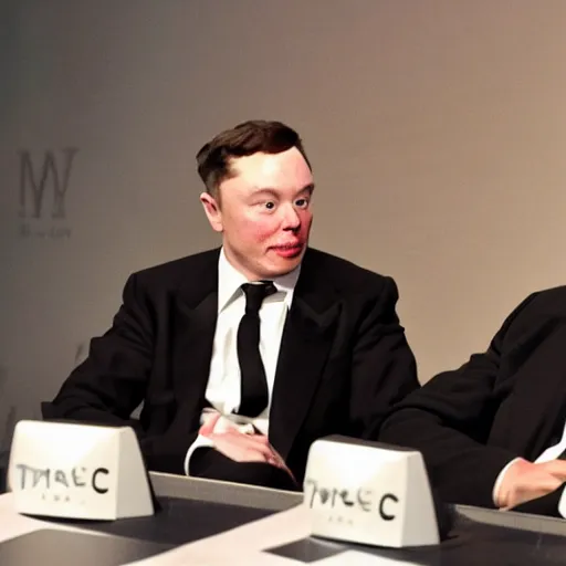 Image similar to alan turing sitting next to elon musk talking