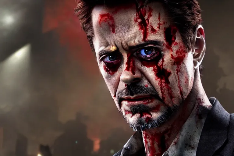 Prompt: film still of zombie zombie zombie Tony Stark as a zombie in new avengers movie, 4k