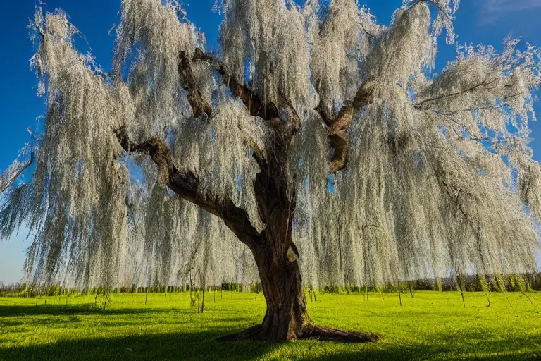 Image similar to A 2000 year old Weeping willow tree, on a center of an amazing spring field, hyperrealistic, hyper detailed, smooth light, birds in the sky, wide angle lens,