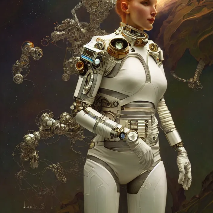 Image similar to organic cyborg Russian cosmonaut, diffuse lighting, fantasy, intricate, elegant, highly detailed, lifelike, photorealistic, digital painting, artstation, illustration, concept art, smooth, sharp focus, art by John Collier and Albert Aublet and Krenz Cushart and Artem Demura and Alphonse Mucha