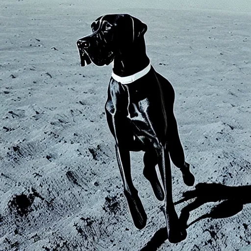 Image similar to a portrait of a great dane running joyfully on the moon