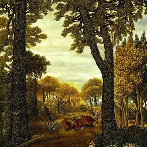 Prompt: a beautiful forest made of ivory and gold, highly intricate, digital art, very detailed, in the style of a flemish painting
