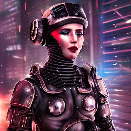 Prompt: An epic fantastic realism comic book style portrait painting of a female cyber warrior by NIXEU trending on arstation, dieselpunk shinny armor, cyberpunk feel raining at tokyo rooftop, Concept world Art, unreal 5, DAZ, hyperrealistic, octane render, cosplay, RPG portrait, dramatic lighting, rom lights