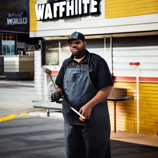 Prompt: wafflehouse cook standing outside of wafflehouse restaurant smoking a cigarette